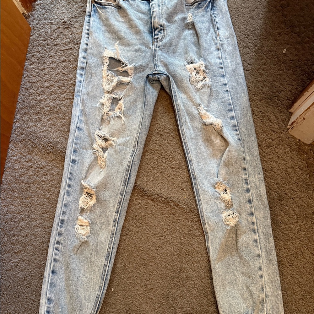 Tinseltown Blue Straight Leg Jeans with holes in the leg